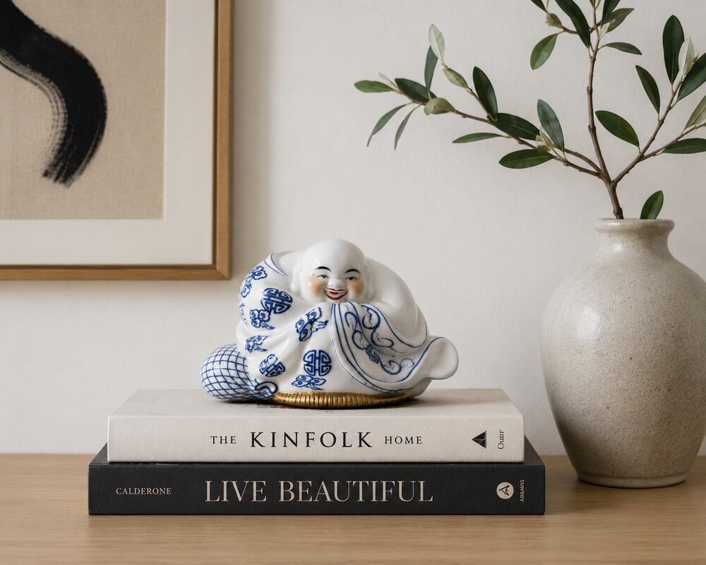 Blue White Porcelain Laughing Buddha Figurine Chinoiserie Asian Decor Statue